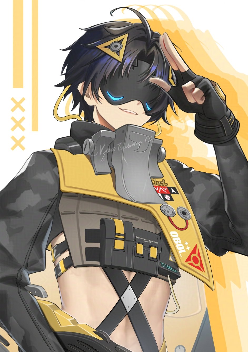 1boy armor asaba_harumasa black_gloves black_hair black_mask black_shirt crop_top fingerless_gloves gloves hair_ornament highres kuro_tsubasa long_sleeves male_focus midriff shirt short_hair simple_background smile solo teeth triangle_hair_ornament zenless_zone_zero