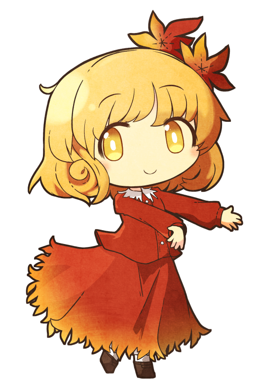 1girl aki_shizuha akihiyo blonde_hair blouse blush bobby_socks bright_pupils brown_footwear chibi female_focus hair_ornament leaf_hair_ornament long_sleeves looking_at_viewer outstretched_arms red_shirt red_skirt shirt short_hair simple_background skirt smile socks solo standing touhou transparent_background white_background white_pupils white_socks yellow_eyes