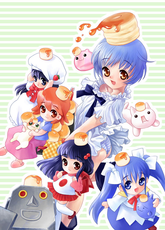 2channel 30girl.com 5girls bisuke-tan blue_panties cat chibi crossover giko kfc long_sleeves miniskirt multiple_girls nekomata_naomi nekomataya object_on_head panties pantyshot poring ragnarok_online sakura_(ukagaka) senkousha skirt striped_clothes striped_panties thighhighs twintails ukagaka underwear unyuu yugami_ririko zettai_ryouiki