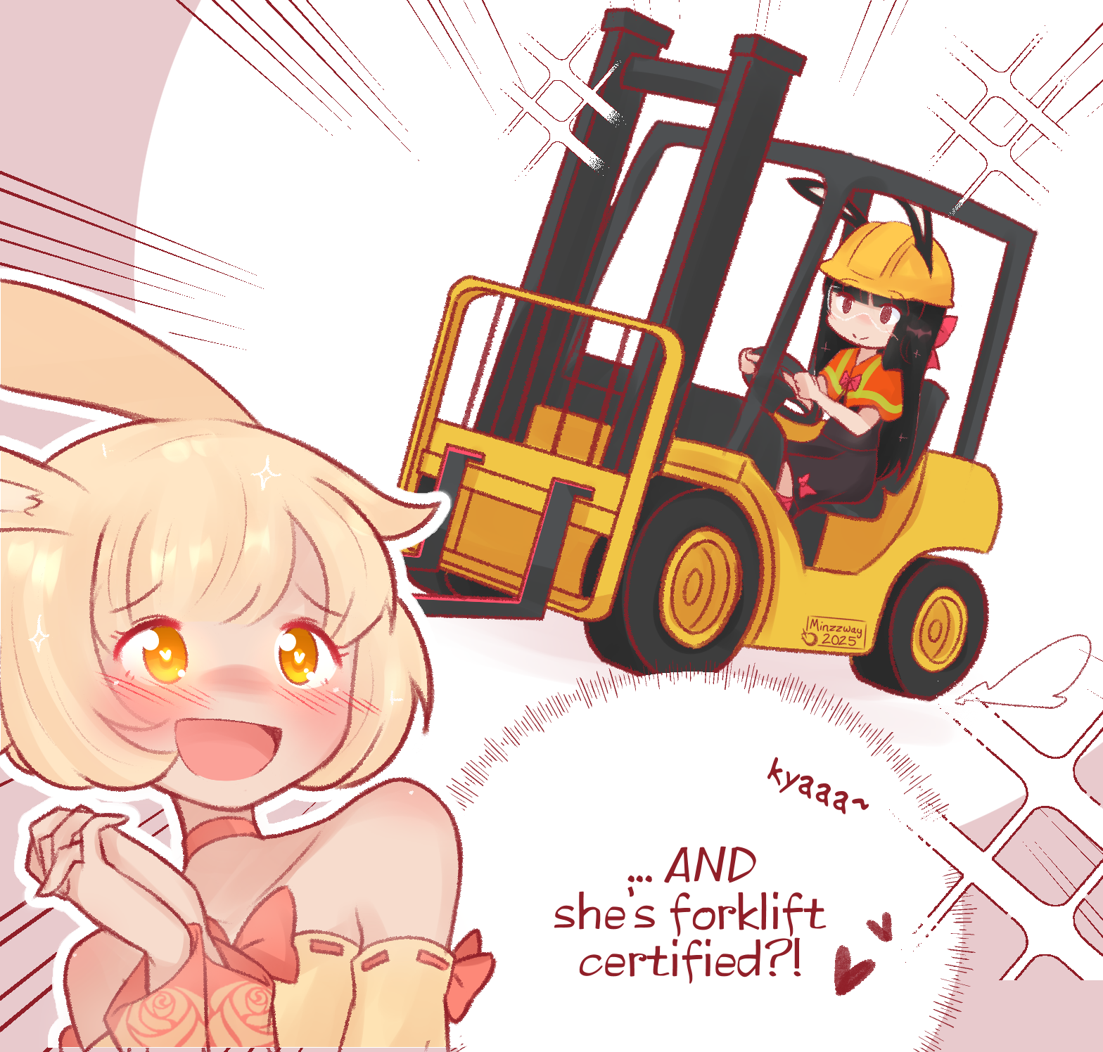 2girls :d animal_ears black_hair black_skirt blonde_hair blush bow capelet choker commentary dancer_rabbit driving ears_through_headwear english_commentary english_text forklift forklift_certified_(meme) hard_hat heart heart-shaped_pupils heavyblade_rabbit helmet high-visibility_clothing highres long_hair meme minzzway multiple_girls open_mouth orange_bow orange_capelet orange_choker rabbit_and_steel rabbit_ears rabbit_girl ribbon-trimmed_sleeves ribbon_trim safety_glasses short_hair skirt smile sparkle symbol-shaped_pupils upper_body yellow_eyes yellow_sleeves