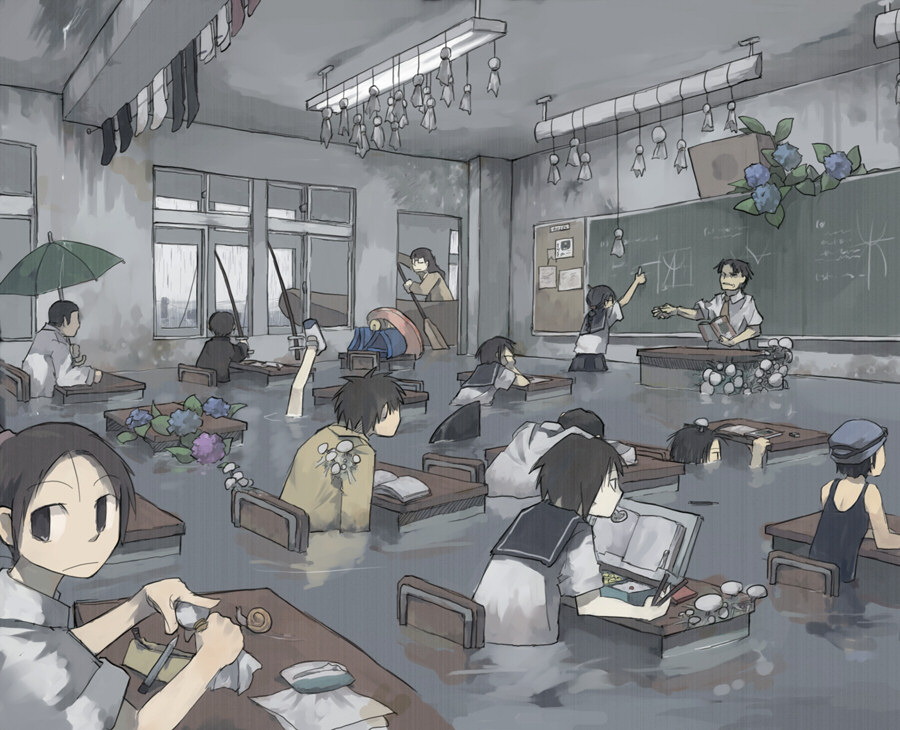4girls 6+boys animal bento boat brown_eyes brown_hair canoe chalkboard chopsticks classroom deluge desk fishing_rod flood flower food gregorius_yamada hydrangea indoors multiple_boys multiple_girls mushroom one-piece_swimsuit original pencil rain school school_desk school_swimsuit school_uniform shark short_hair snail socks speaker surreal swimsuit teruterubouzu tissue umbrella wading water watercraft what