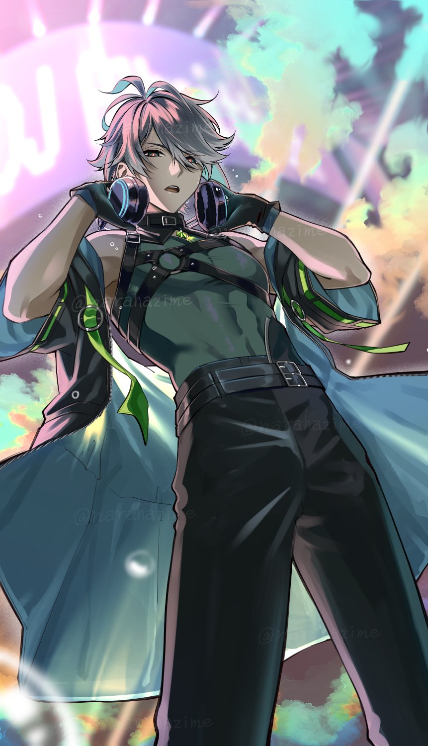 1boy alhaitham_(genshin_impact) antenna_hair artist_name belt belt_buckle black_belt black_coat black_gloves black_pants blurry blurry_background blurry_foreground buckle chest_harness chest_jewel coat commentary_request compression_shirt covered_abs from_below gem genshin_impact gloves green_eyes green_gemstone green_hair green_ribbon green_shirt grey_hair hair_between_eyes hands_on_headphones hands_up harness headphones headphones_around_neck highres looking_at_viewer looking_down male_focus multicolored_hair narahazime o-ring o-ring_harness open_clothes open_coat open_mouth pants parted_bangs pectorals ribbon shirt short_hair short_sleeves sleeveless sleeveless_shirt smoke solo stage standing sweat swept_bangs teeth twitter_username two-sided_coat two-sided_fabric upper_teeth_only zipper