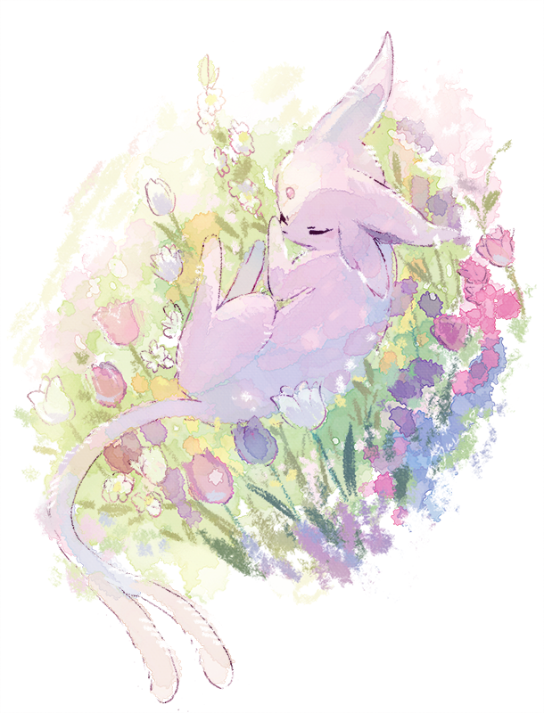 closed_eyes espeon flower forked_tail gen_2_pokemon grass nintendo no_humans pink_flower pink_tulip pokemon pokemon_(creature) purple_flower purple_fur purple_tulip solo tail tulip white_flower white_tulip yurano_(upao)