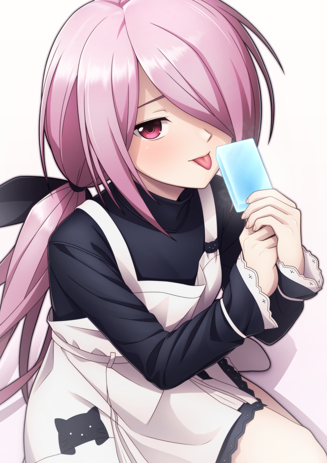 1girl apron chaos;child commentary_request food hair_over_one_eye highres holding holding_food holding_popsicle long_hair looking_at_viewer low_ponytail minamisawa_senri pink_hair ponytail popsicle red_eyes smug solo taba_neruko tongue tongue_out white_apron