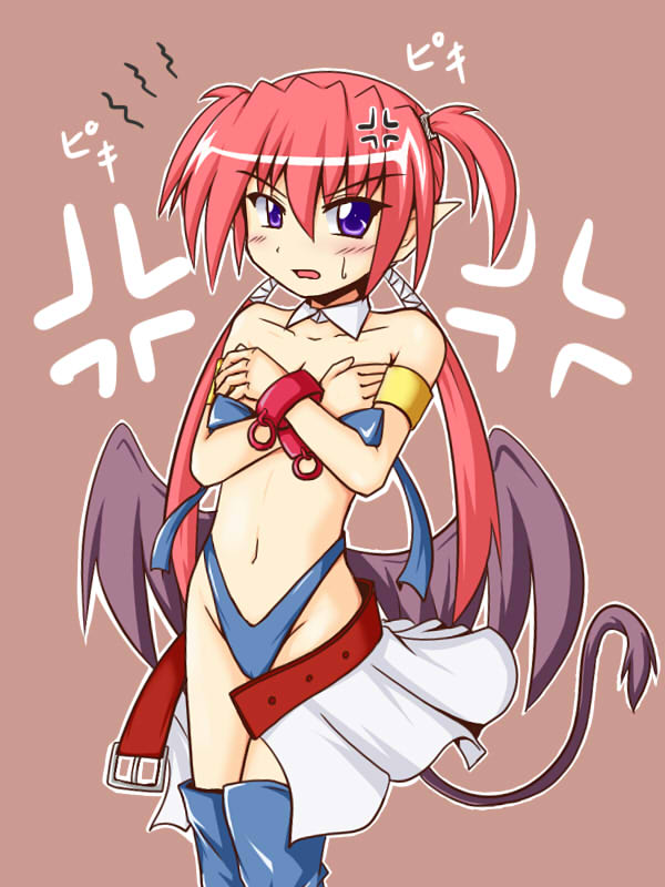 00s 1girl agito agito_(nanoha) blush covering_breasts covering_privates embarrassed female_focus flat_chest long_hair lyrical_nanoha mahou_shoujo_lyrical_nanoha mahou_shoujo_lyrical_nanoha_strikers navel panties pointy_ears purple_eyes quad_tails red_hair solo sweatdrop tail thighhighs underwear wardrobe_malfunction wings yuuki_shougo