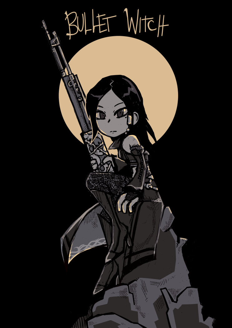 1girl alicia_(bullet_witch) boots bullet_witch coattails copyright_name detached_sleeves female_focus fishnet_pantyhose fishnets full_body full_moon goth_fashion greyscale gun hair_ornament hairclip knee_boots looking_at_viewer mole mole_under_eye monochrome moon mountain pantyhose parted_bangs rifle setz sitting solo spider_web_print spot_color weapon