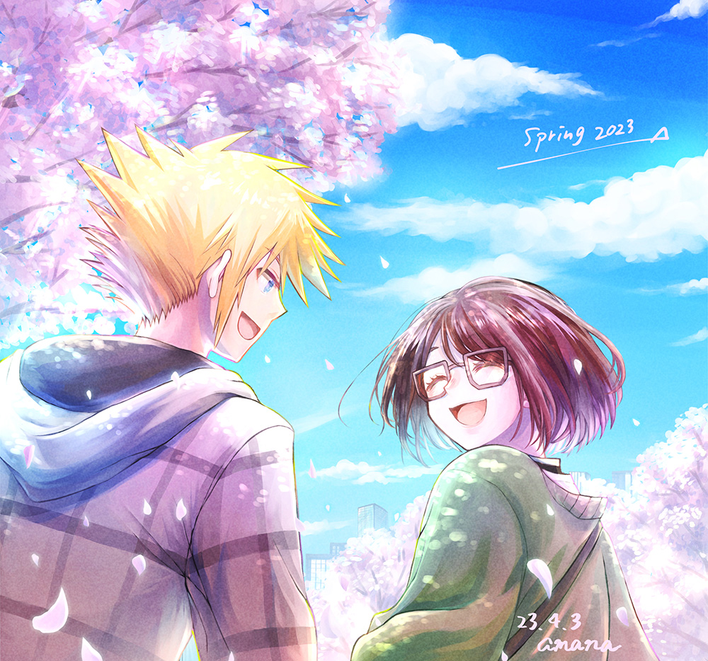 1boy 1girl amana-yaoyono blue_eyes blue_sky brown-framed_eyewear brown_hair cherry_blossoms closed_eyes cloud commentary_request dated day flower from_behind glasses green_jacket grey_jacket height_difference holding_hands hood jacket looking_at_another misaki_shiki official_alternate_costume open_mouth orange_hair outdoors petals pink_flower profile sakuraba_neku shin_subarashiki_kono_sekai short_hair signature sky smile spiked_hair subarashiki_kono_sekai