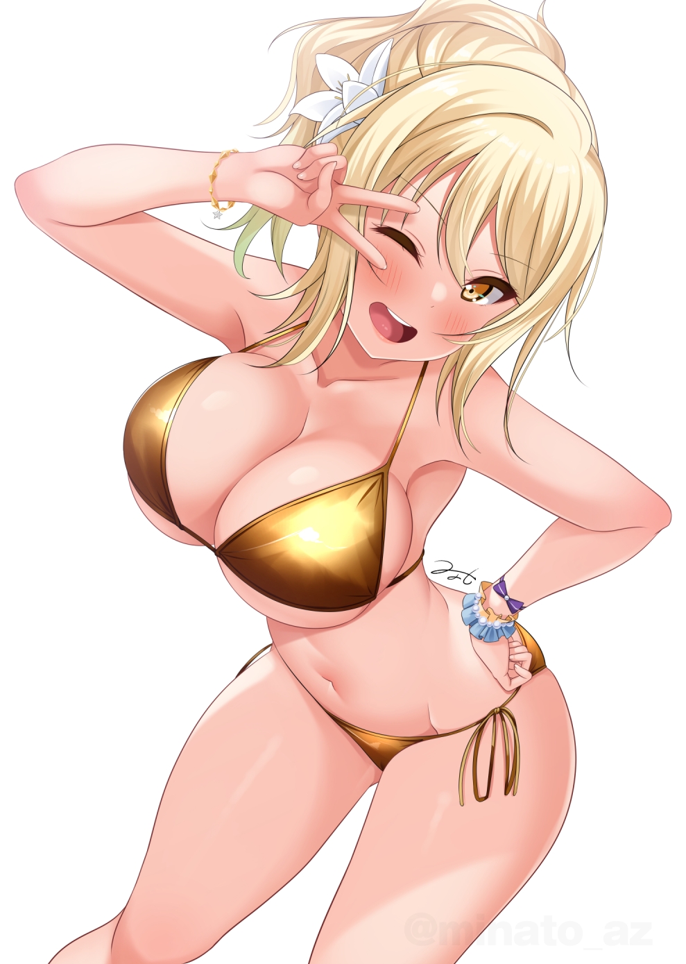 1girl bikini blonde_hair breasts cleavage collarbone commentary_request gold_bikini halterneck highres hino_minato_(spec.c) large_breasts long_hair love_live! love_live!_nijigasaki_high_school_idol_club miyashita_ai navel one_eye_closed open_mouth ponytail side-tie_bikini_bottom signature simple_background smile solo standing stomach string_bikini swimsuit v v_over_eye white_background yellow_eyes