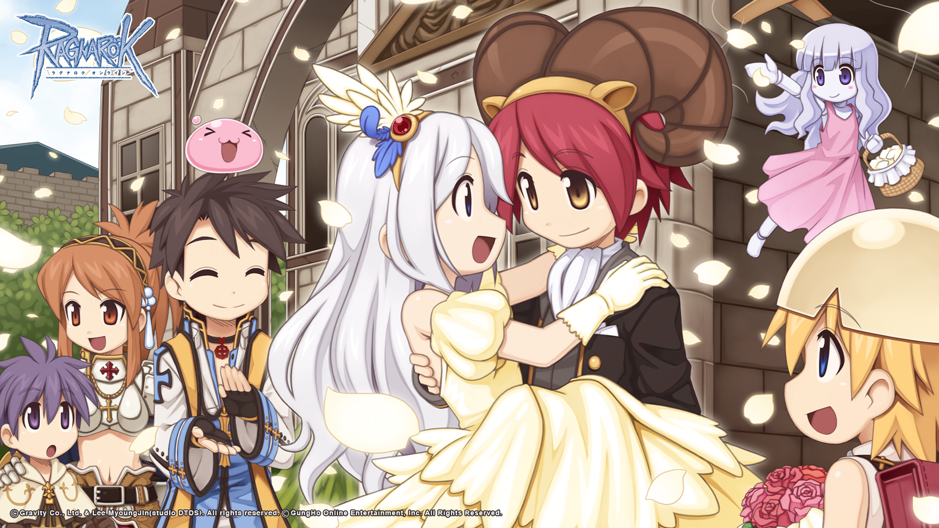 3boys 4girls :3 :d :o arch_bishop_(ragnarok_online) armor ascot backpack bag black_choker black_gloves black_hair black_hairband black_jacket blonde_hair blue_coat blue_eyes boobplate bouquet breastplate bride brown_eyes brown_hair brown_horns capelet carrying choker church clapping closed_mouth coat copyright_notice cropped_jacket cross cross_choker cross_necklace cross_of_prontera curled_horns doll_joints dress eggshell_hat fake_horns feet_out_of_frame fingerless_gloves flower gloves grey_hair grey_shirt groom hairband hand_on_another's_shoulder hetero high_ponytail highres holding holding_bouquet horns husband_and_wife jacket jewelry joints logo long_hair long_sleeves looking_at_another marionette marionette_(ragnarok_online) multiple_boys multiple_girls navel necklace novice_(ragnarok_online) official_art official_wallpaper open_mouth paladin_(ragnarok_online) petals pink_dress pink_flower pink_rose ponytail poring princess_carry puppet purple_eyes purple_hair ragnarok_online red_hair rose shirt short_hair sleeveless sleeveless_dress slime_(creature) smile strapless strapless_dress swordsman_(ragnarok_online) tree wedding wedding_dress white_ascot white_capelet white_jacket yellow_dress yellow_gloves yellow_hairband yuichirou