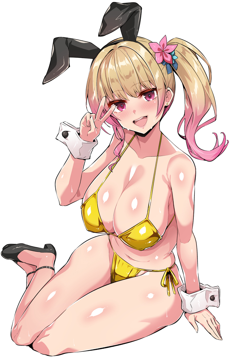 1girl animal_ears bare_shoulders bikini blonde_hair breasts bunny_garden cleavage covered_erect_nipples edobox fake_animal_ears full_body gold_bikini golden_week gradient_hair highres large_breasts multicolored_hair pink_eyes pink_hair rabbit_ears rin_(bunny_garden) side_ponytail simple_background solo swimsuit v white_background