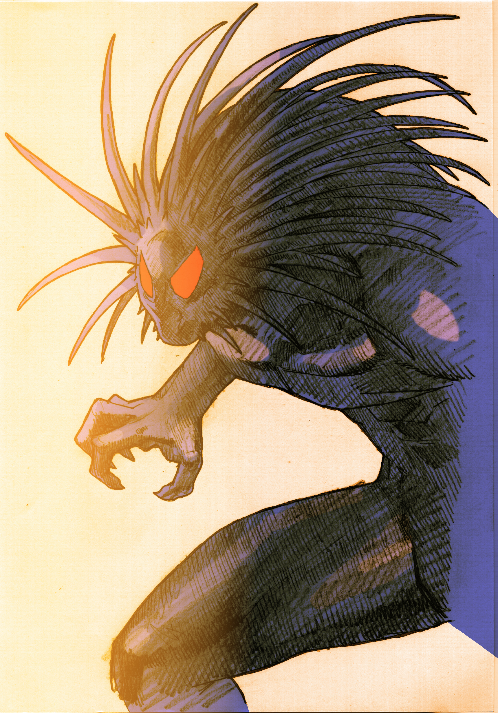 1boy absurdres angry bengus blackheart_(marvel) capcom clawed_hands colored_skin facing_to_the_side fighting_stance game_cg glowing glowing_eyes highres long_hair long_tail male_focus marvel marvel_vs._capcom marvel_vs._capcom_2 muscular non-web_source official_art pectorals red_eyes scan sidelighting solo tail