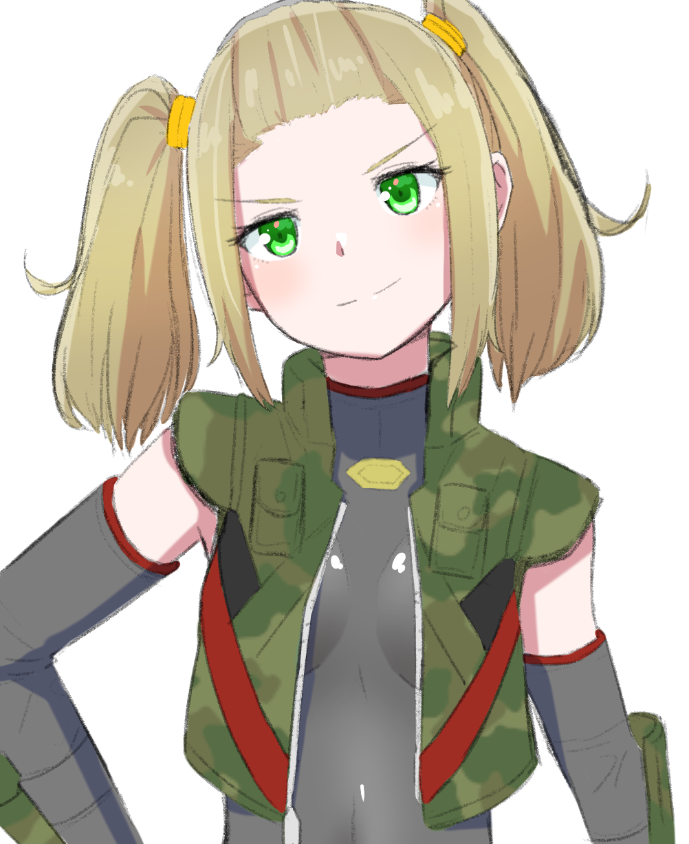 1girl black_bodysuit bodysuit breasts brown_hair closed_mouth commentary_request detached_sleeves green_eyes green_vest head_tilt highres kamidan looking_at_viewer medium_breasts medium_hair open_clothes open_vest shania_(xenoblade) sidelocks simple_background smile solo twintails upper_body vest white_background xenoblade_chronicles_(series) xenoblade_chronicles_3
