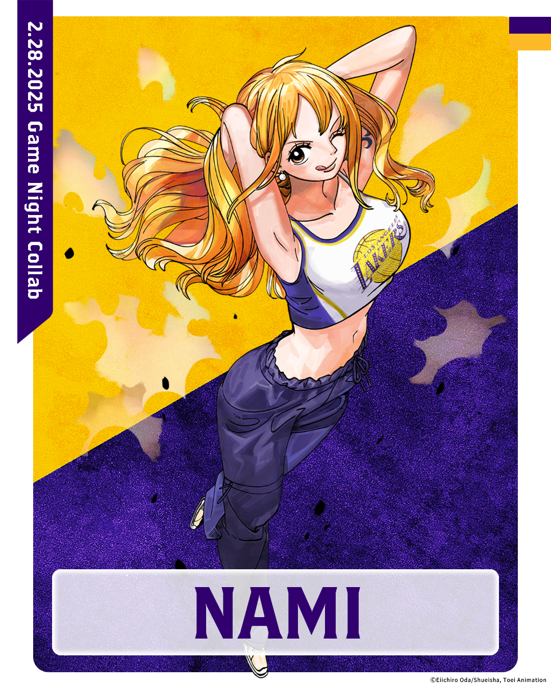 1girl ;q arm_tattoo armpits arms_up artist_request breasts brown_eyes character_name crop_top dancer dated drawstring earrings from_above full_body highres jewelry large_breasts looking_at_viewer los_angeles_lakers midriff nami_(one_piece) national_basketball_association navel official_art one_eye_closed one_piece orange_hair pants pearl_earrings print_shirt promotional_art purple_pants shirt solo stomach tattoo tongue tongue_out