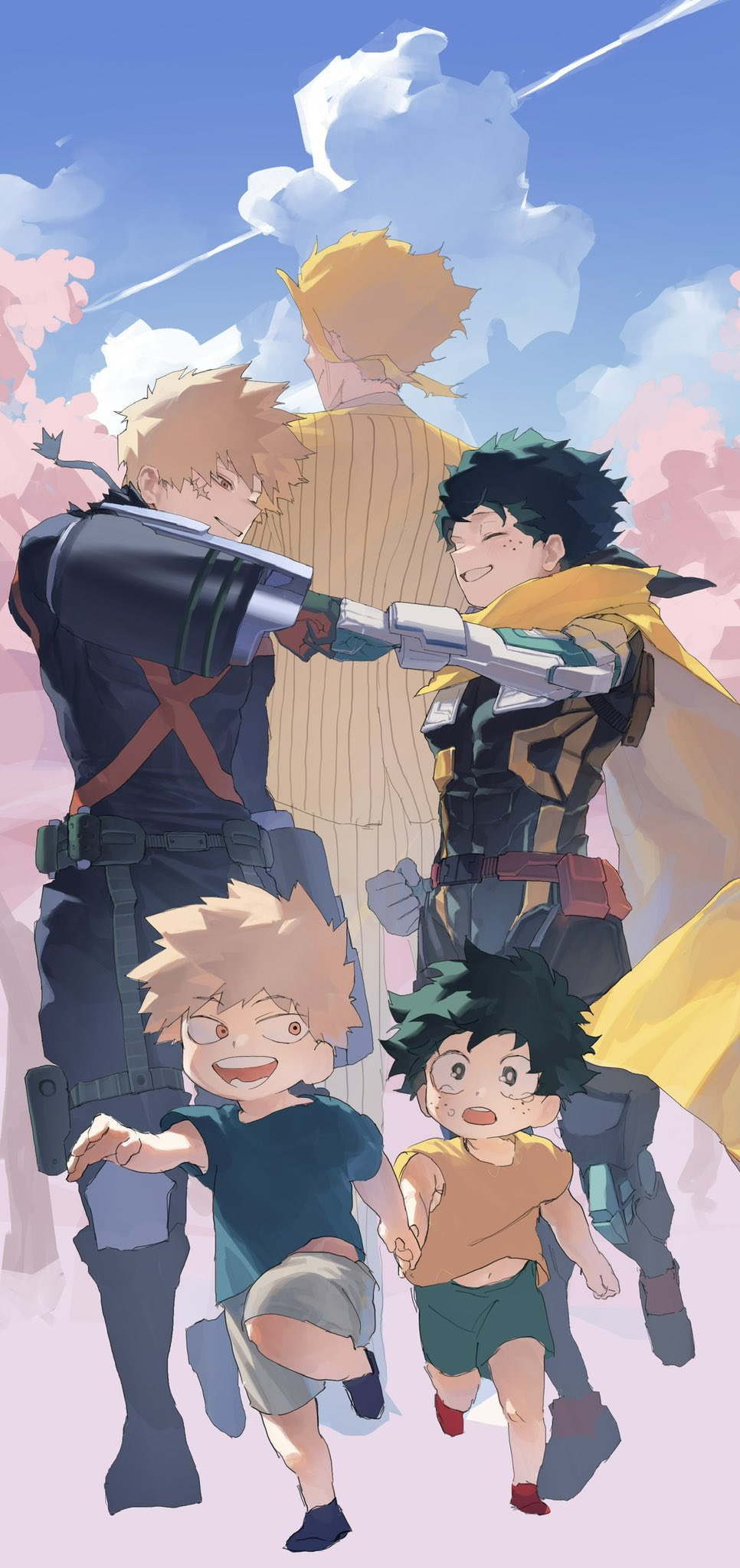 3boys all_might arm_up bakugou_katsuki belt belt_pouch black_shirt blonde_hair boku_no_hero_academia brown_belt canister cape clenched_hand closed_eyes closed_mouth cloud commentary_request contrail crying crying_with_eyes_open cut_(nifuhami_35) facial_scar fist_bump formal_clothes freckles gloves green_belt green_hair green_shorts grin highres holding_hands jacket looking_back male_focus midoriya_izuku multicolored_gloves multiple_boys multiple_views navel orange_eyes pinstripe_pattern pinstripe_suit pouch running scar scar_on_cheek scar_on_face shirt short_hair short_sleeves shorts sky smile suit suit_jacket superhero_costume t-shirt tears teeth thigh_pouch unfinished white_shorts yellow_cape yellow_shirt yellow_suit