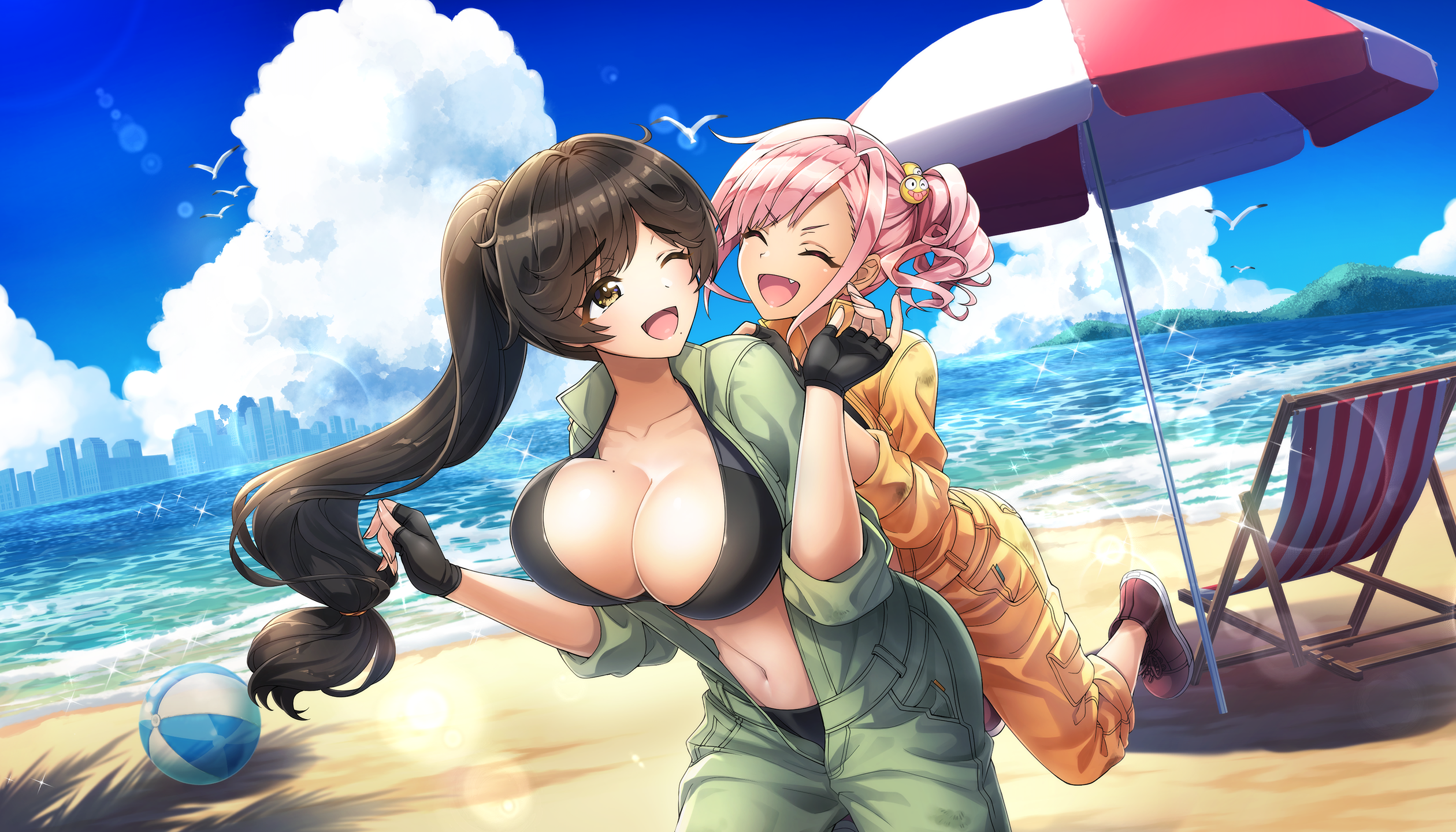 ;d ball beach beachball bikini bird black_bikini black_gloves black_hair breasts brown_eyes cleavage collarbone day dolphin_wave facing_another fang fingerless_gloves game_cg gloves green_jumpsuit hair_intakes highres jumpsuit large_breasts long_hair looking_at_another low-tied_long_hair mole mole_on_breast mole_under_mouth multiple_girls non-web_source official_art one_eye_closed ootomo_takuji open_jumpsuit open_mouth orange_jumpsuit outdoors parasol pink_hair ponytail smile swept_bangs swimsuit umbrella urami_kana yamaba_yume
