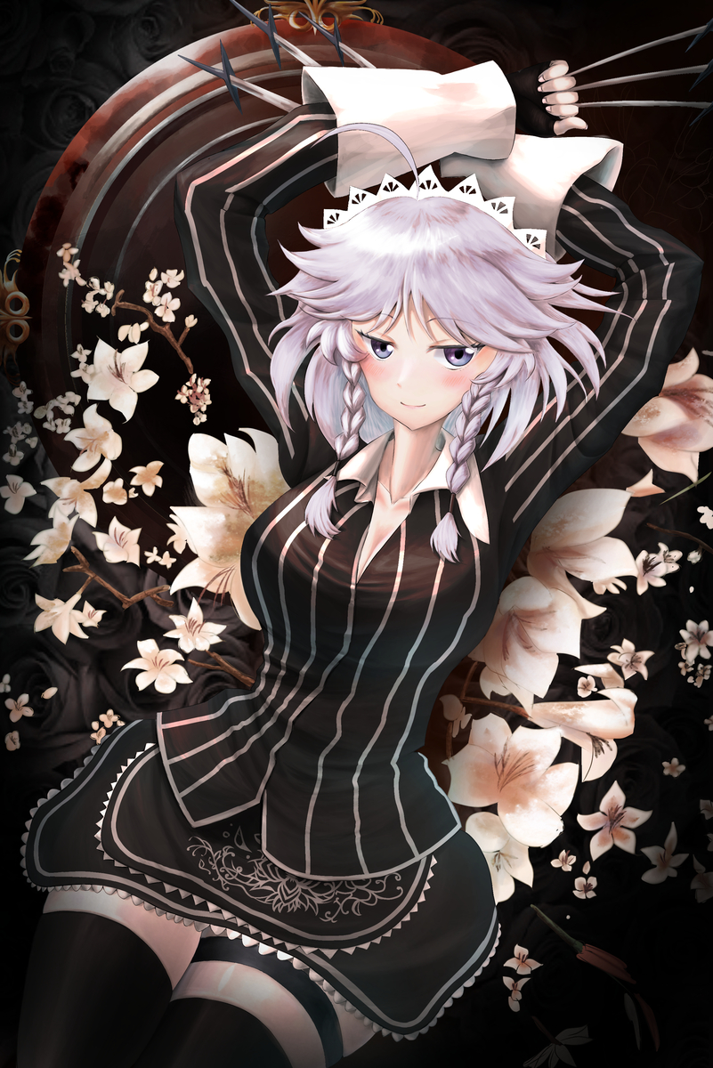 between_fingers black_shirt black_skirt black_thighhighs blue_eyes braid collared_shirt flower highres holding holding_knife izayoi_sakuya knife knives_between_fingers koumajou_densetsu maid maid_headdress non-web_source shirt skirt striped_clothes tagme thighhighs touhou twin_braids