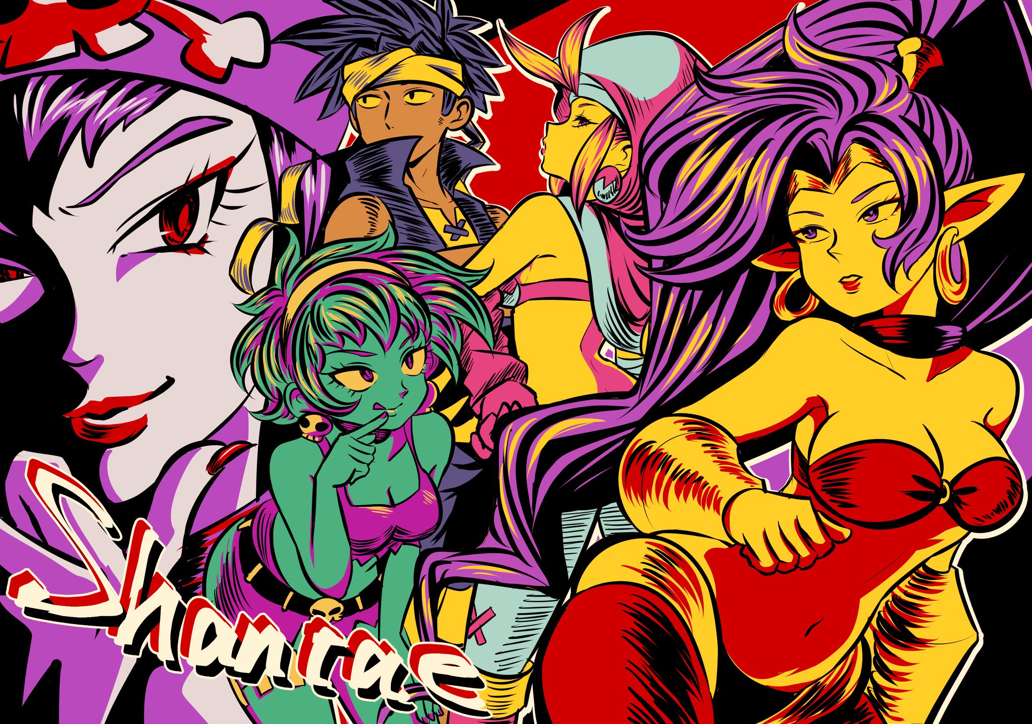 1boy 4girls bolo_(shantae) breasts brs colored_skin dark-skinned_male dark_skin earrings fricome green_hair green_skin highres jewelry long_hair medium_breasts multiple_girls pants pointy_ears ponytail purple_hair red_eyes risky_boots rottytops shantae shantae_(series) shorts sky_(shantae) very_long_hair zombie
