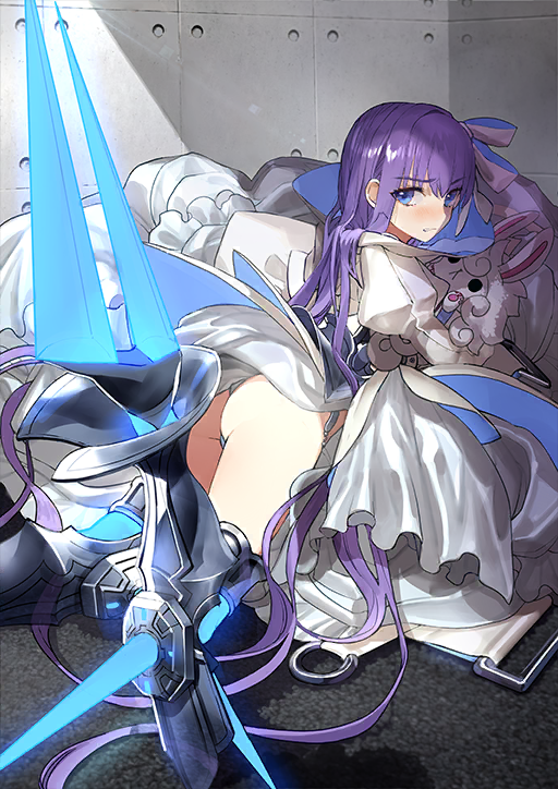 1girl armored_boots ass blue_eyes blue_thighhighs blush boots character_doll embarrassed fate/grand_order fate_(series) foot_out_of_frame fou_(fate) grey_boots hair_flowing_over high_collar holding holding_stuffed_toy jacket juliet_sleeves knee_spikes long_sleeves looking_at_viewer looking_back lying meltryllis_(fate) meltryllis_(third_ascension)_(fate) official_art on_stomach parted_lips platform_boots puffy_sleeves purple_hair showgirl_skirt skirt sleeves_past_wrists solo stuffed_toy thighhighs third-party_source wada_arco white_jacket white_skirt