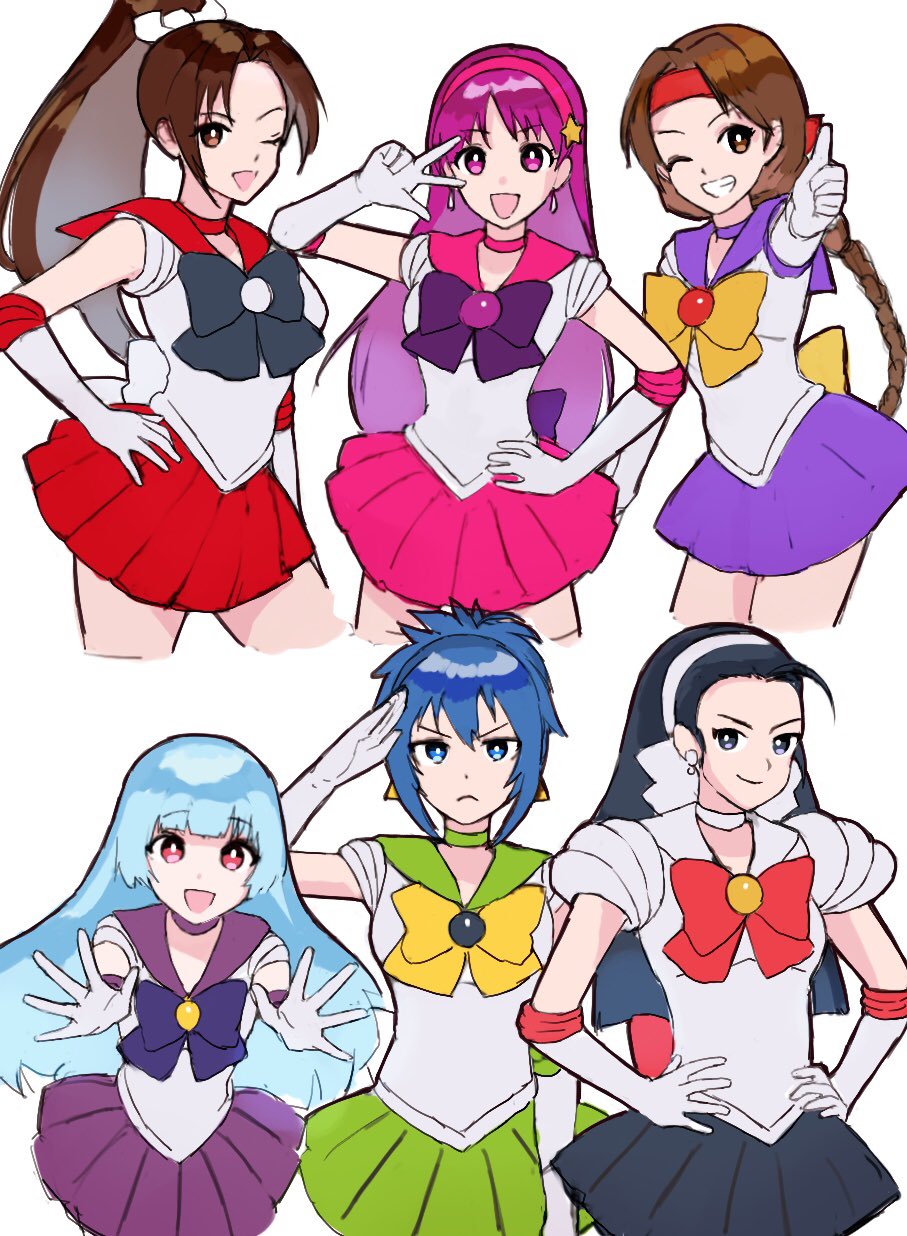 6+girls asamiya_athena black_hair blue_hair brown_eyes brown_hair cosplay female_focus hair_ornament highres kagura_chizuru kula_diamond leona_heidern matching_hair/eyes multiple_girls one_eye_closed psycho_soldier purple_hair sailor_moon sailor_moon_(cosplay) sailor_senshi_uniform school_uniform shiranui_mai star_(symbol) star_hair_ornament the_king_of_fighters the_king_of_fighters_xv wink yuri_sakazaki