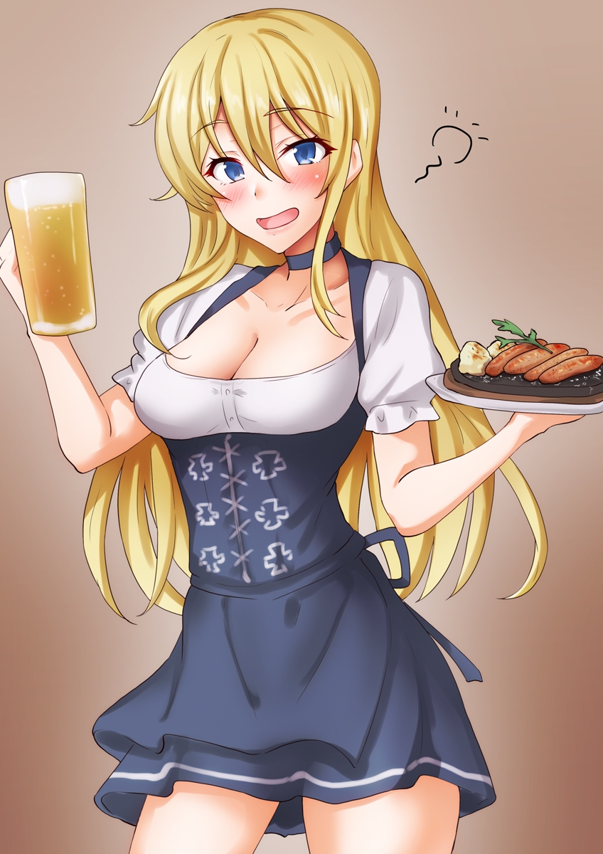 1girl alcohol alternate_costume anti_(untea9) barmaid beer_mug bismarck_(kancolle) blonde_hair blue_eyes blush breasts cleavage cup dirndl food german_clothes highres kantai_collection large_breasts long_hair looking_at_viewer mug oktoberfest plate potato sausage smile solo