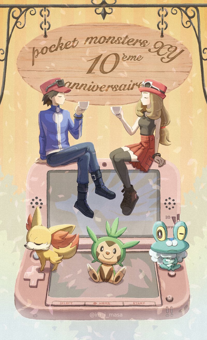 1boy 1girl anniversary arm_support black_footwear blonde_hair blue_jacket boots bracelet calem_(pokemon) chespin commentary_request copyright_name crossed_legs cup eyewear_on_headwear fennekin froakie gen_6_pokemon grey_pants hand_up handheld_game_console hat highres holding holding_cup im_i_masa jacket jewelry long_hair low-tied_long_hair nintendo nintendo_3ds pants pink_headwear pleated_skirt pokemon pokemon_(creature) pokemon_xy serena_(pokemon) shirt shoes sitting skirt sleeveless sleeveless_shirt starter_pokemon_trio sunglasses thighhighs zipper_pull_tab