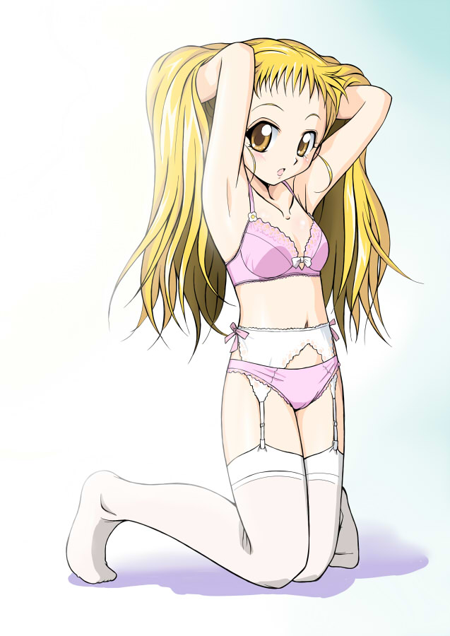 1girl amraam120c blonde_hair bra breasts cameltoe collarbone full_body garter_belt kasugano_urara_(yes!_precure_5) kneeling lace lace-trimmed_bra lace-trimmed_panties lace_garter_belt lace_trim lingerie long_hair looking_at_viewer navel no_shoes panties pink_bra pink_panties precure shadow short_bangs sidelocks simple_background small_breasts solo stomach thighhighs underwear white_background white_thighhighs yellow_eyes yes!_precure_5
