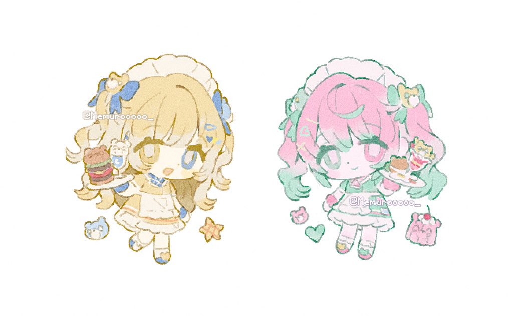2girls :d apron blonde_hair blue_bow blue_eyes bow burger chibi chibi_only cropped_torso dress food frills green_hair hair_ornament heart heterochromia holding holding_tray long_hair looking_at_viewer maid maid_apron maid_headdress memuro multicolored_eyes multicolored_hair multiple_girls open_mouth original pink_eyes pink_hair smile standing tray twintails twitter_username two_side_up watermark white_background yellow_eyes