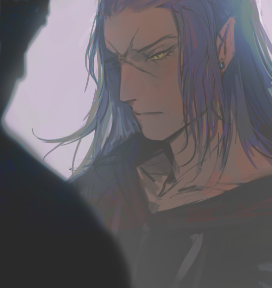 1boy black_coat black_coat_(kingdom_hearts) blue_hair coat commentary cross_scar earrings grey_background hood hood_down hooded_coat jewelry kingdom_hearts long_hair male_focus nonalternate pointy_ears saix scar scar_on_face serious solo_focus stud_earrings upper_body yellow_eyes