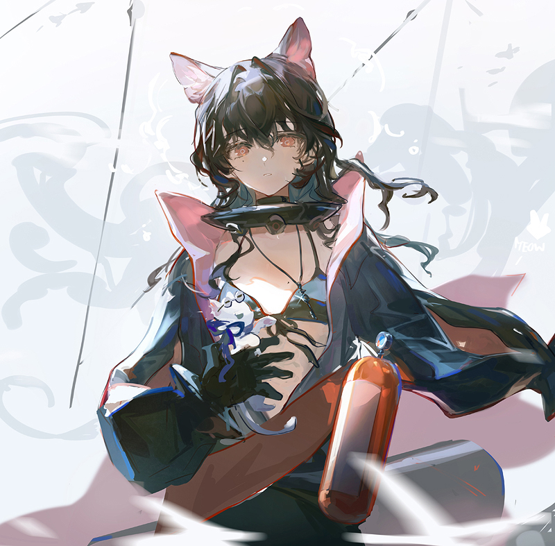 1girl animal animal_ears animalization aona_(ns) bikini bikini_top_only black_bikini black_hair canister cat cat_ears diving_suit dry_suit girls&#039;_frontline girls&#039;_frontline_neural_cloud hatsuchiri_(neural_cloud) holding holding_animal holding_cat long_hair looking_at_viewer orange_eyes parted_lips straight-on sueyoi_(neural_cloud) swimsuit upper_body white_cat