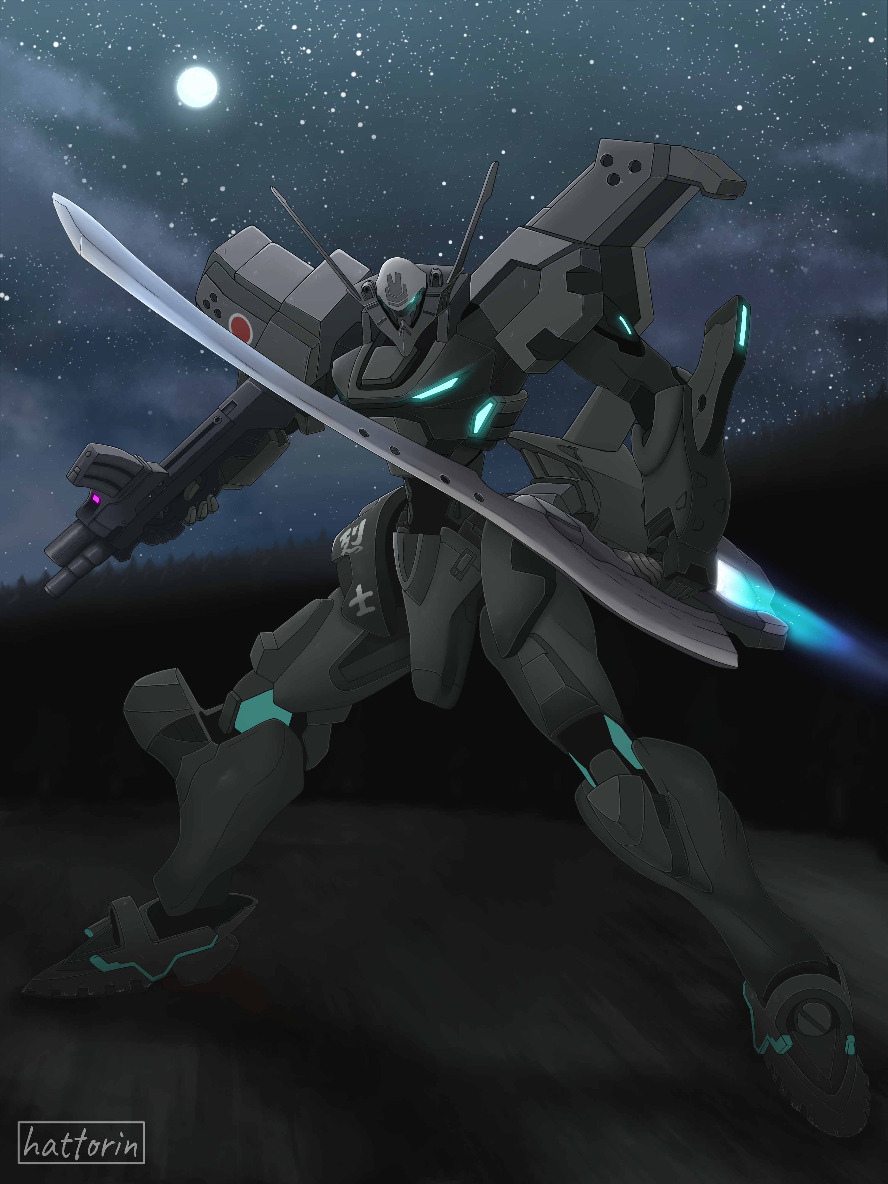 absurdres artist_name assault_visor gun hattorin highres holding holding_gun holding_sword holding_weapon mecha mecha_focus muv-luv muv-luv_alternative night night_sky no_humans robot sky solo sword tactical_surface_fighter type_94_shiranui weapon