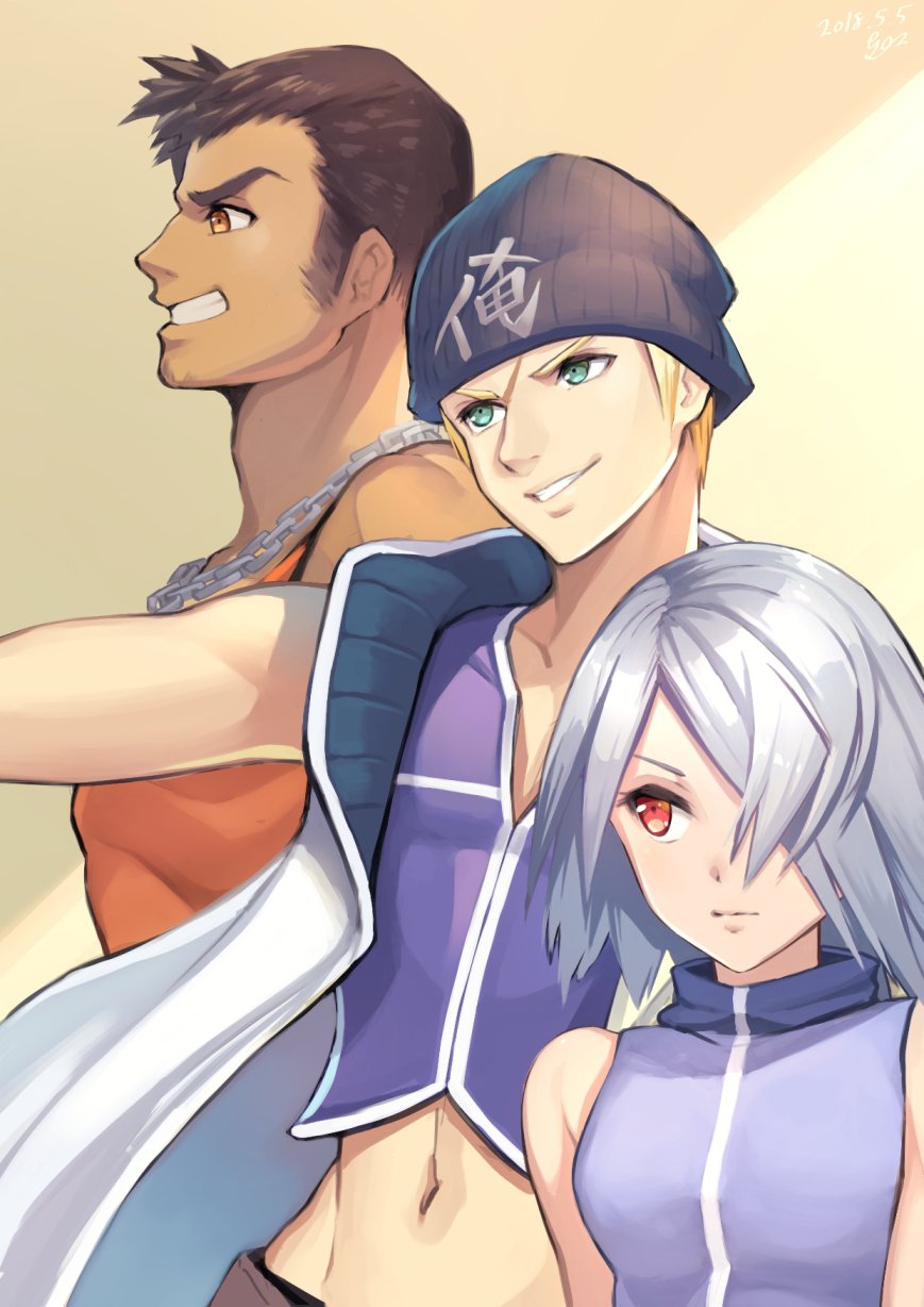1girl blonde_hair breasts brown_eyes brown_hair closed_mouth fuujin_(ff8) hat highres kingdom_hearts kingdom_hearts_ii multiple_boys raijin_(ff8) seifer_almasy short_hair silver_hair simple_background sleeveless smile