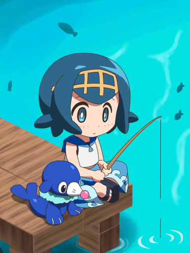 1girl animated animated_gif awa barefoot blue_hair blue_sailor_collar blush_stickers chibi creatures_(company) fish fishing fishing_line fishing_rod game_freak gen_7_pokemon lana_(pokemon) nintendo pokemon pokemon_(creature) pokemon_sm popplio sailor_collar wishiwashi wishiwashi_(solo)