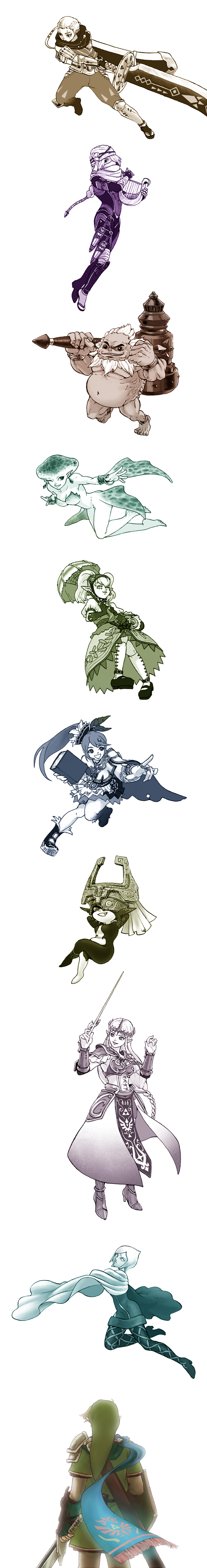 2boys 6+girls absurdres agitha armor basket beard book boots bottle bracelet breasts cape darunia earrings facial_hair fi_(zelda) fish_girl goron gothic_lolita hair_over_one_eye hammer harp helmet high_heels highres hyrule_warriors impa instrument jewelry lana_(hyrule_warriors) link lolita_fashion lots_of_jewelry midna monster_girl multiple_boys multiple_girls nintendo princess_ruto scarf sheik shield side_ponytail skirt solid_eyes sword tattoo the_legend_of_zelda the_legend_of_zelda:_ocarina_of_time the_legend_of_zelda:_skyward_sword the_legend_of_zelda:_twilight_princess tiara twintails umbrella weapon wink zora
