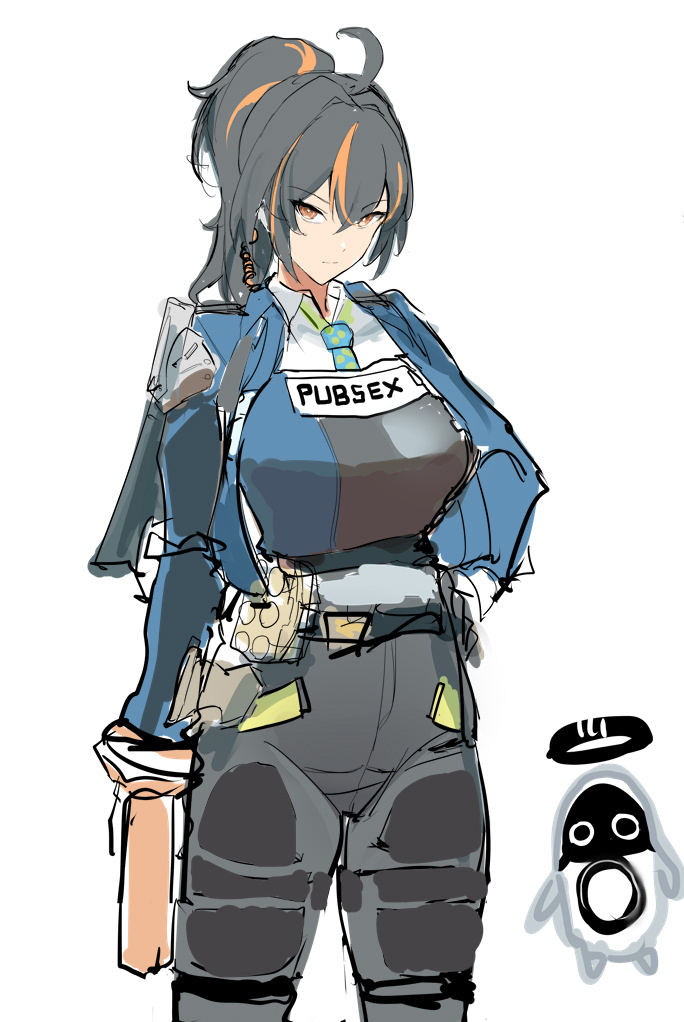 1girl ahoge blue_jacket clothes_writing cowboy_shot grey_hair grey_pants jacket long_hair long_sleeves multicolored_hair orange_eyes orange_hair pants ponytail porroll simple_background sketch standing streaked_hair white_background zenless_zone_zero zhu_yuan