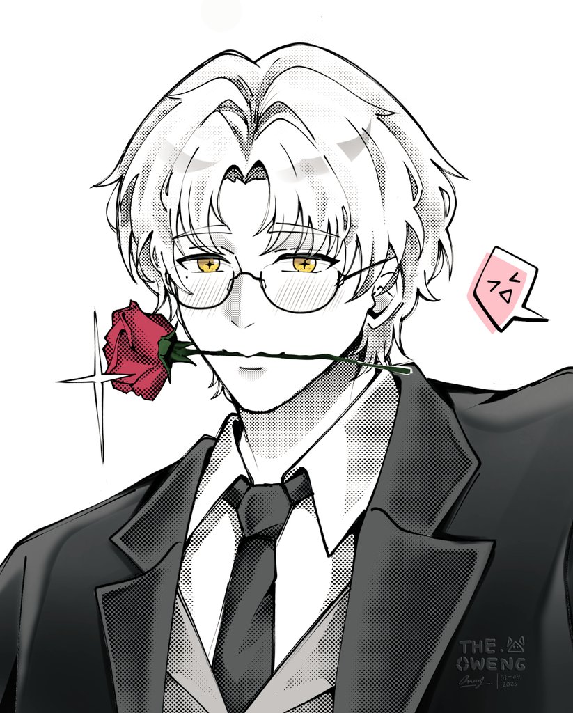 &gt;_&lt; 1boy :&gt; :d blush closed_eyes closed_mouth collared_shirt commentary english_commentary flower flower_in_mouth formal_clothes glasses glint jacket looking_at_viewer male_focus necktie open_mouth oweng_(the_oweng) parted_bangs red_flower red_rose rose shirt signature simple_background smile solo spoken_expression suit tears_of_themis thick_eyebrows upper_body vest vyn_richter_(tears_of_themis) white_background xd yellow_eyes