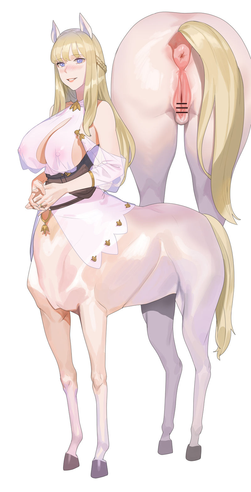 1girl animal_ears animal_pussy anus bar_censor blonde_hair blue_eyes blush braid breasts censored centaur full_body highres horse_ears horse_pussy jewelry large_breasts long_hair monster_girl mosaic_censoring multiple_views nipples original own_hands_together parted_lips puckered_anus pussy ring see-through_clothes simple_background smile sohn_woohyoung taur wedding_band white_background