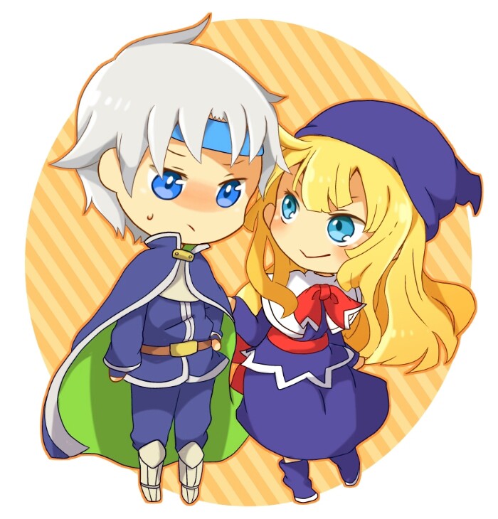 1boy 1girl :&gt; armored_boots blonde_hair blue_cape blue_dress blue_eyes blue_hat blue_headband blue_pants blue_shoes boots cape chibi chibi_only closed_mouth dress grey_hair hat headband long_hair looking_at_another mirai_(rs-729201204113-lg) no_nose pants puyopuyo red_ribbon ribbon schezo_wegey shoes witch_(puyopuyo)