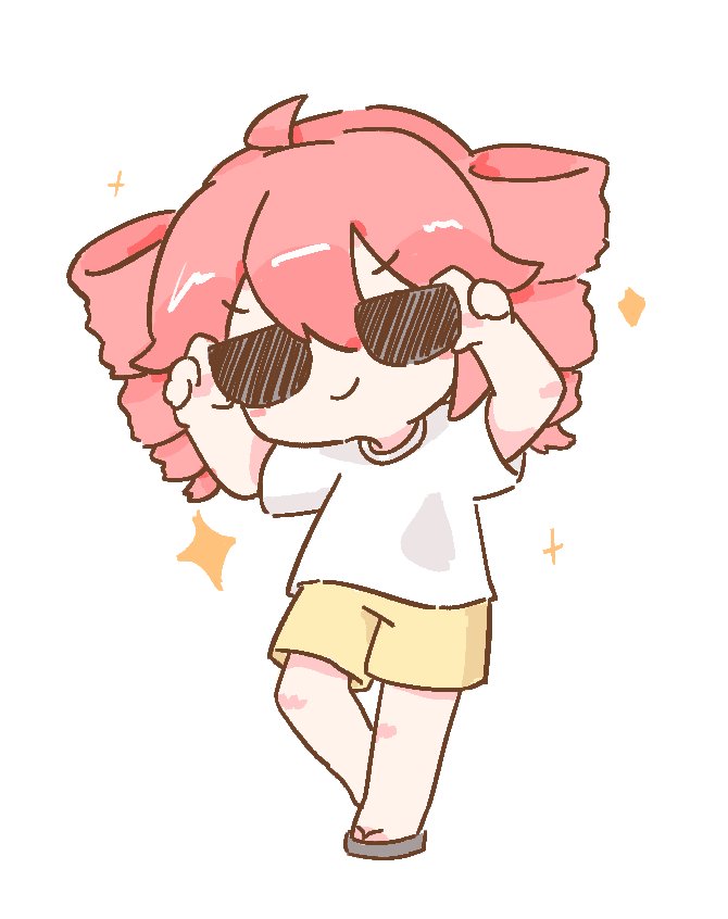 1girl alternate_costume closed_mouth drill_hair full_body hyouenn kasane_teto red_hair shirt short_sleeves shorts simple_background smile solo standing sunglasses t-shirt twin_drills utau white_background white_shirt yellow_shorts
