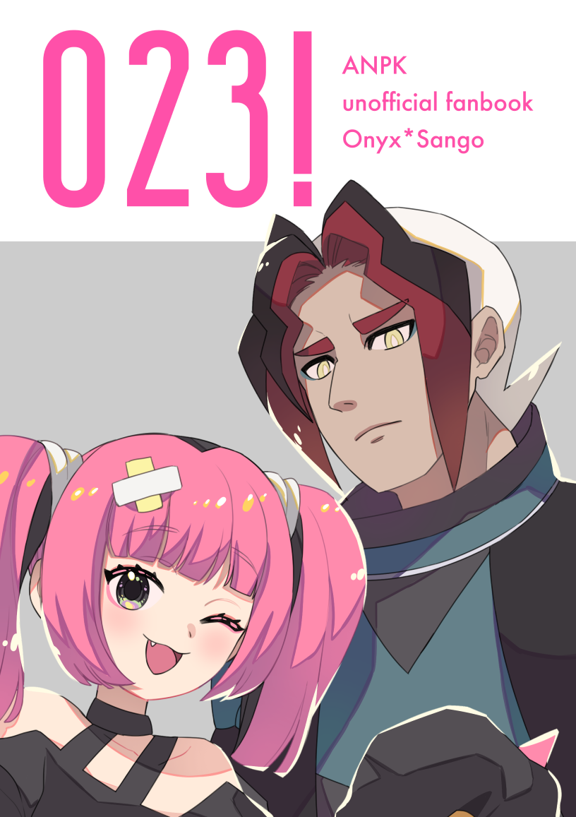 1boy 1girl ;d black_shirt bright_pupils c_(sssc3747) closed_mouth commentary_request coral_(pokemon) eyelashes fang hair_ornament multicolored_hair nintendo off-shoulder_shirt off_shoulder one_eye_closed open_mouth pink_hair pokemon pokemon_(anime) pokemon_horizons shirt sidian_(pokemon) smile twintails white_pupils yellow_eyes