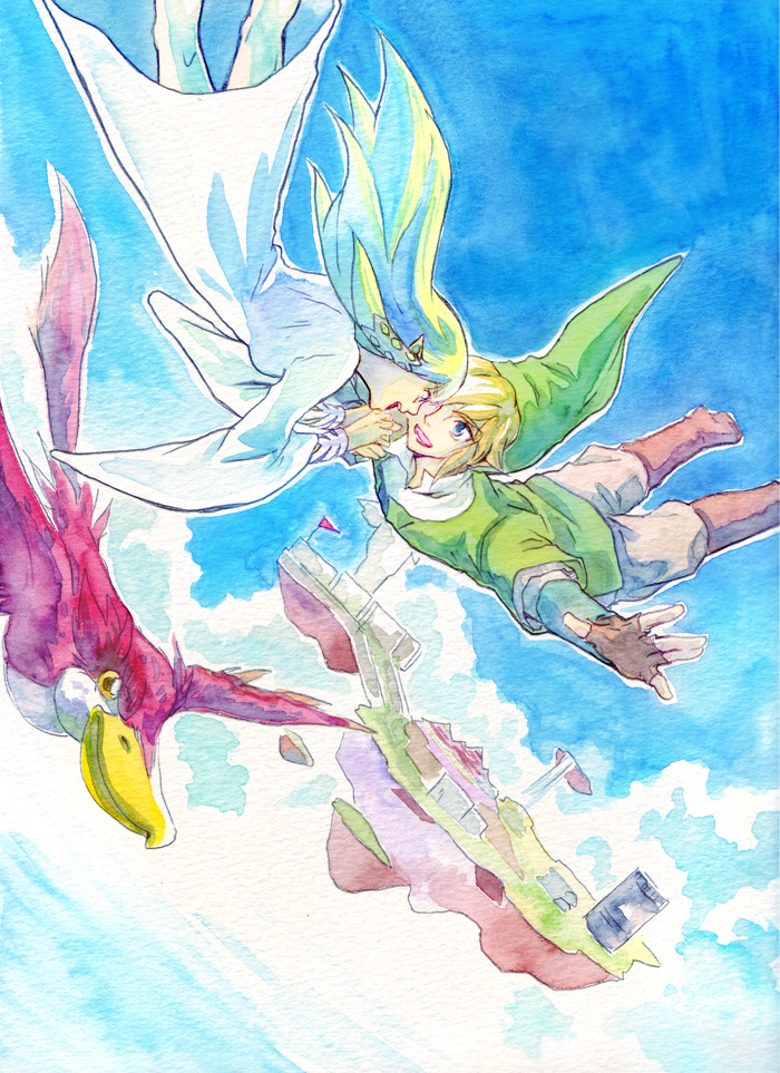 1boy 1girl bird blonde_hair blue_eyes bracelet gloves hat jewelry link loftwing long_hair nintendo painting_(medium) piggy_ho_ho pointy_ears princess_zelda sky smile the_legend_of_zelda the_legend_of_zelda:_skyward_sword traditional_media watercolor_(medium)