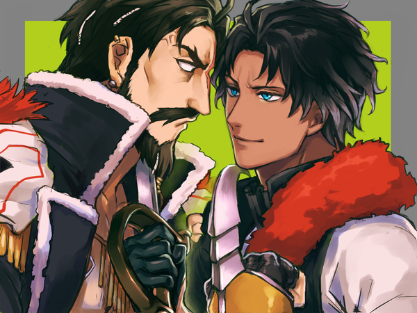 01rosso 2boys bartholomew_roberts_(fate) beard black_coat black_hair blue_eyes border claw_(weapon) closed_mouth coat collarbone earrings edward_teach_(fate) facial_hair fate/grand_order fate_(series) fur-trimmed_coat fur_trim green_background grey_border holding holding_sword holding_weapon jewelry lightning_glare male_focus mature_male multiple_boys mustache short_hair sword sword_to_throat veiny_face weapon