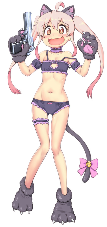 1girl ahoge animal_ears animal_hands bell bow brown_eyes cat_cutout cat_ears cat_lingerie cat_tail cleavage_cutout clothing_cutout commentary_request desert_eagle detached_sleeves fake_animal_ears fake_tail flat_chest full_body gloves gun handgun hase_yu holding holding_gun holding_weapon jingle_bell meme_attire navel onii-chan_wa_oshimai! open_mouth oyama_mahiro paw_gloves paw_shoes pink_bow pink_hair sidelocks smile solo strap_slip tail tail_bell tail_bow tail_ornament trigger_discipline twintails wavy_mouth weapon