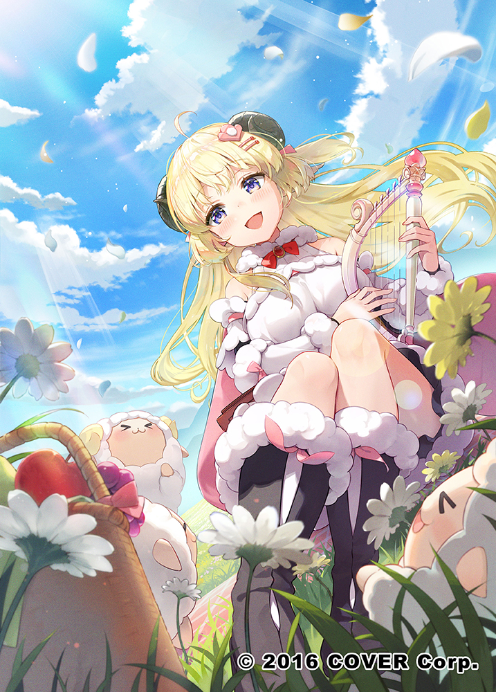 1girl :d ahoge animal_ears blonde_hair blue_sky bow bowtie breasts cloud commentary_request copyright_notice day detached_sleeves dress empire_waist falling_petals floating_hair fur-trimmed_dress fur-trimmed_sleeves fur_trim grass hair_ornament hairclip harp holding holding_instrument holoforce hololive horns instrument large_breasts long_hair mochidart official_art open_mouth outdoors petals purple_eyes red_bow red_bowtie sheep_ears sheep_girl sheep_horns sheep_tail short_dress sitting sky sleeveless sleeveless_dress smile solo tail tsunomaki_watame tsunomaki_watame_(1st_costume) underbust virtual_youtuber watamate white_dress