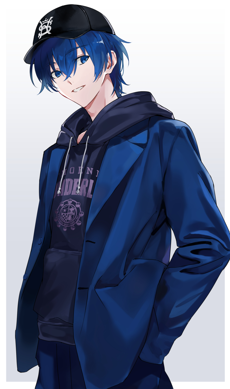 1boy alternate_costume baseball_cap black_hat blue_hair blue_hoodie blue_jacket blue_pants commentary cowboy_shot drawstring eme_de_ank hair_between_eyes hand_in_pocket hat highres hood hood_down hoodie jacket kaito_(vocaloid) lapels layered_clothes long_sleeves looking_to_the_side male_focus pants print_hoodie project_sekai sideways_glance simple_background smile solo vocaloid white_background wonderlands_x_showtime_kaito