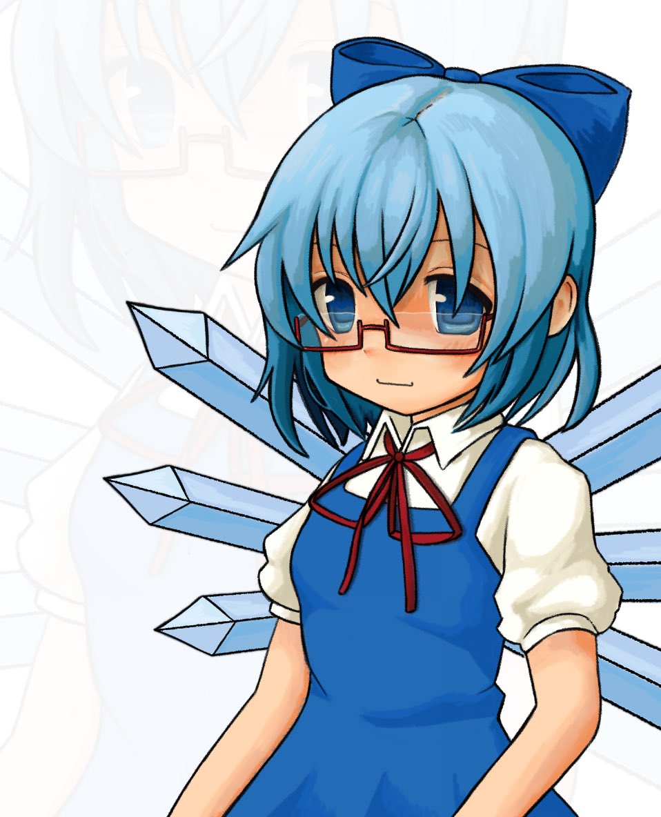 1girl bespectacled blue_bow blue_dress blue_eyes blue_hair bow breasts cirno commentary dress glasses hair_bow ice ice_wings neck_ribbon puffy_short_sleeves puffy_sleeves ribbon semi-rimless_eyewear short_sleeves small_breasts smile solo touhou under-rim_eyewear upper_body wings zoolpal zoom_layer