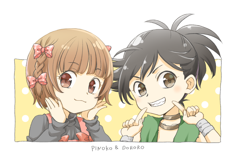 2girls :3 black_hair black_jack_(series) black_shirt bow braid brown_eyes brown_hair chigayasan collarbone commentary_request dororo_(character) dororo_(tezuka) eyelashes grin hair_bow index_finger_raised japanese_clothes looking_at_viewer multiple_girls pinoko polka_dot polka_dot_bow ponytail shirt smile