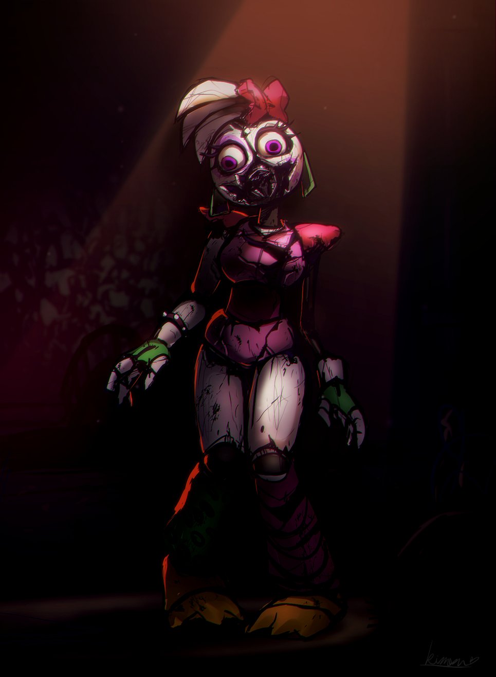 1girl bird_girl bow bracelet broken chica commentary_request creepy damaged dark earrings five_nights_at_freddy&#039;s five_nights_at_freddy&#039;s:_security_breach full_body furry furry_female glamrock_chica hair_bow highres horror_(theme) jewelry joints kiman lazy_eye light_beam looking_at_viewer mechabare robot robot_joints scratches solo studded_bracelet white_hair