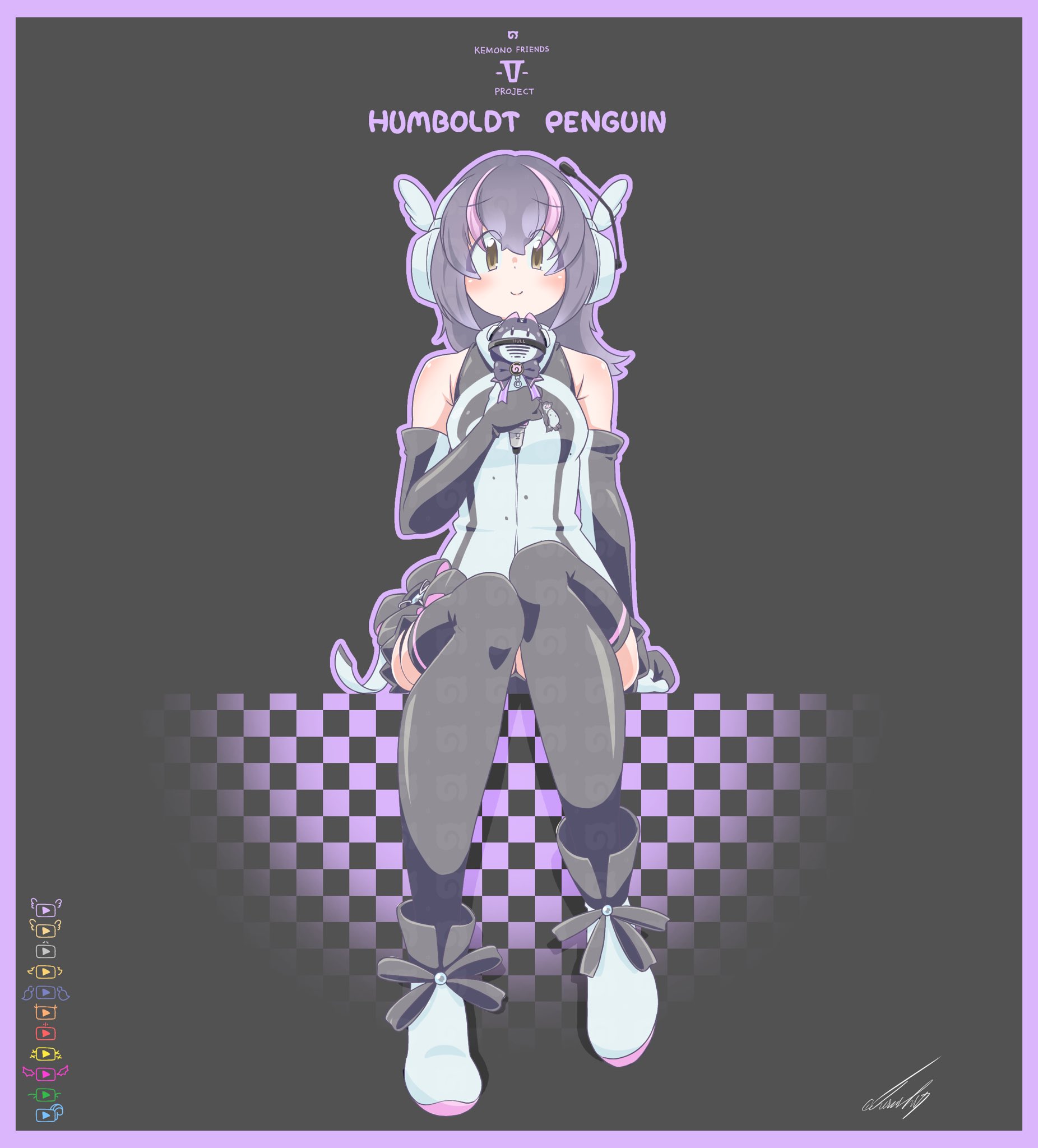 1girl bare_shoulders black_background black_hair cherushi_2 elbow_gloves gloves headphones highres hood hoodie humboldt_penguin_(kemono_friends) kemono_friends kemono_friends_v_project long_hair looking_at_viewer lucky_beast_(kemono_friends) microphone multicolored_hair penguin_girl ribbon shoes simple_background sitting skirt sleeveless solo streaked_hair thighhighs virtual_youtuber yellow_eyes