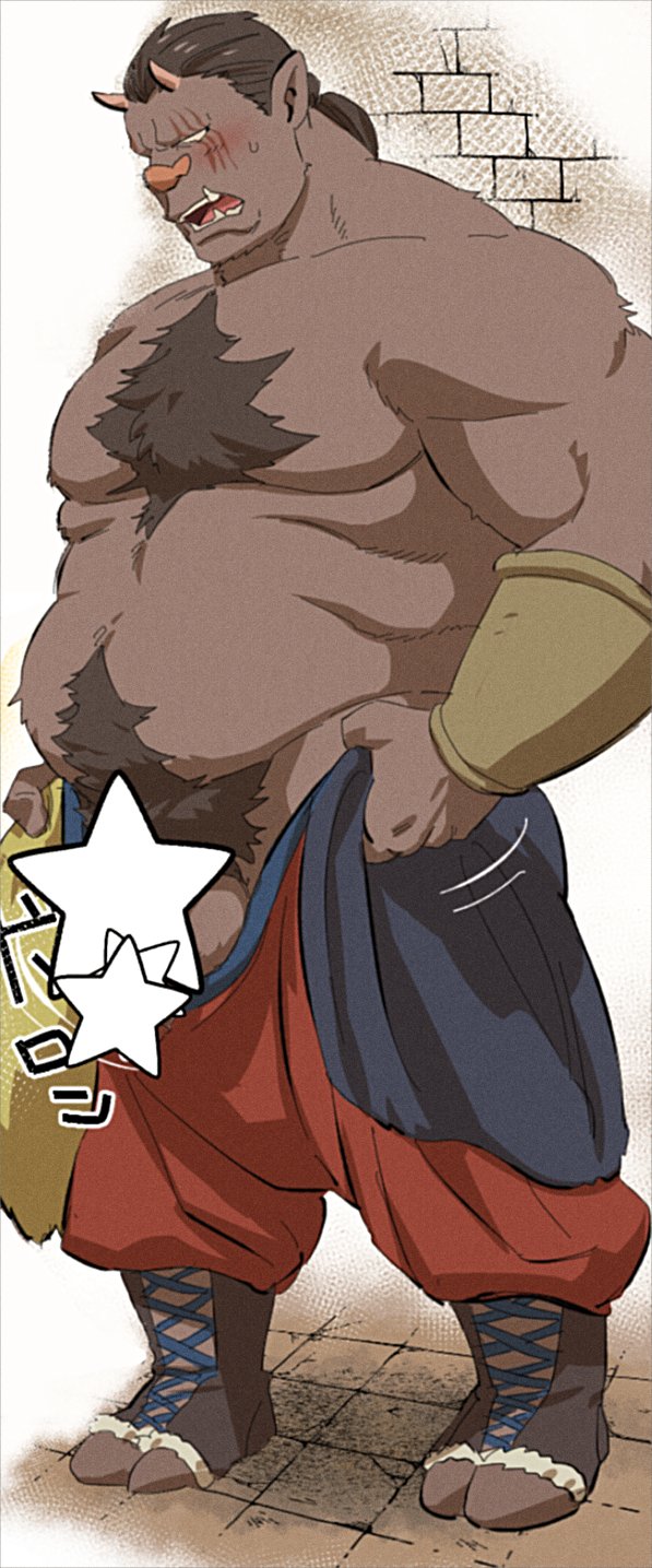 1boy bara big_belly blank_eyes blush boar_boy censored chest_tuft dressing dungeon_meshi embarrassed fat fat_man highres i&#039;ve_never_seen_a_guy_recreate_this_successfully_tbh_(meme) large_pectorals male_focus mature_male meme muscular muscular_male navel navel_hair open_pants orc pants pants_lift pectorals short_hair solo standing star_censor stomach testicles thick_navel_hair topless_male tusks zoku_bu zon_(dungeon_meshi)