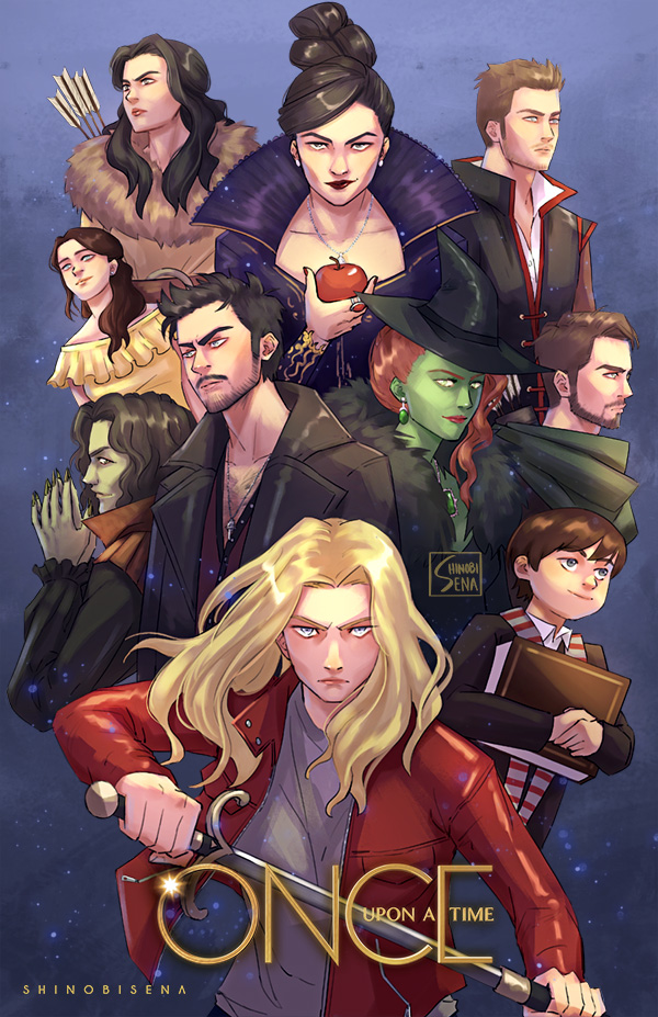 5boys 5girls animification apple arrow_(projectile) belle_(once_upon_a_time) black_hair blonde_hair blue_eyes book breast_pocket brown_hair captain_hook child collared_shirt colored_skin dress earrings emma_swan facial_hair fingernails food fruit goatee green_eyes green_skin henry_mills holding holding_book holding_food holding_fruit holding_sword holding_weapon jacket jewelry killian_jones logo long_fingernails long_sleeves multiple_boys multiple_girls once_upon_a_time pendant pocket ponytail prince_charming_(once_upon_a_time) red_hair red_jacket red_lips red_nails regina_mills ring robin_hood_(once_upon_a_time) rumpelstiltskin_(once_upon_a_time) scarf shinobisena shirt snow_white_(once_upon_a_time) sword weapon wicked_witch_of_the_west witch yellow_dress zelena_mills